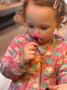 child smelling a flower